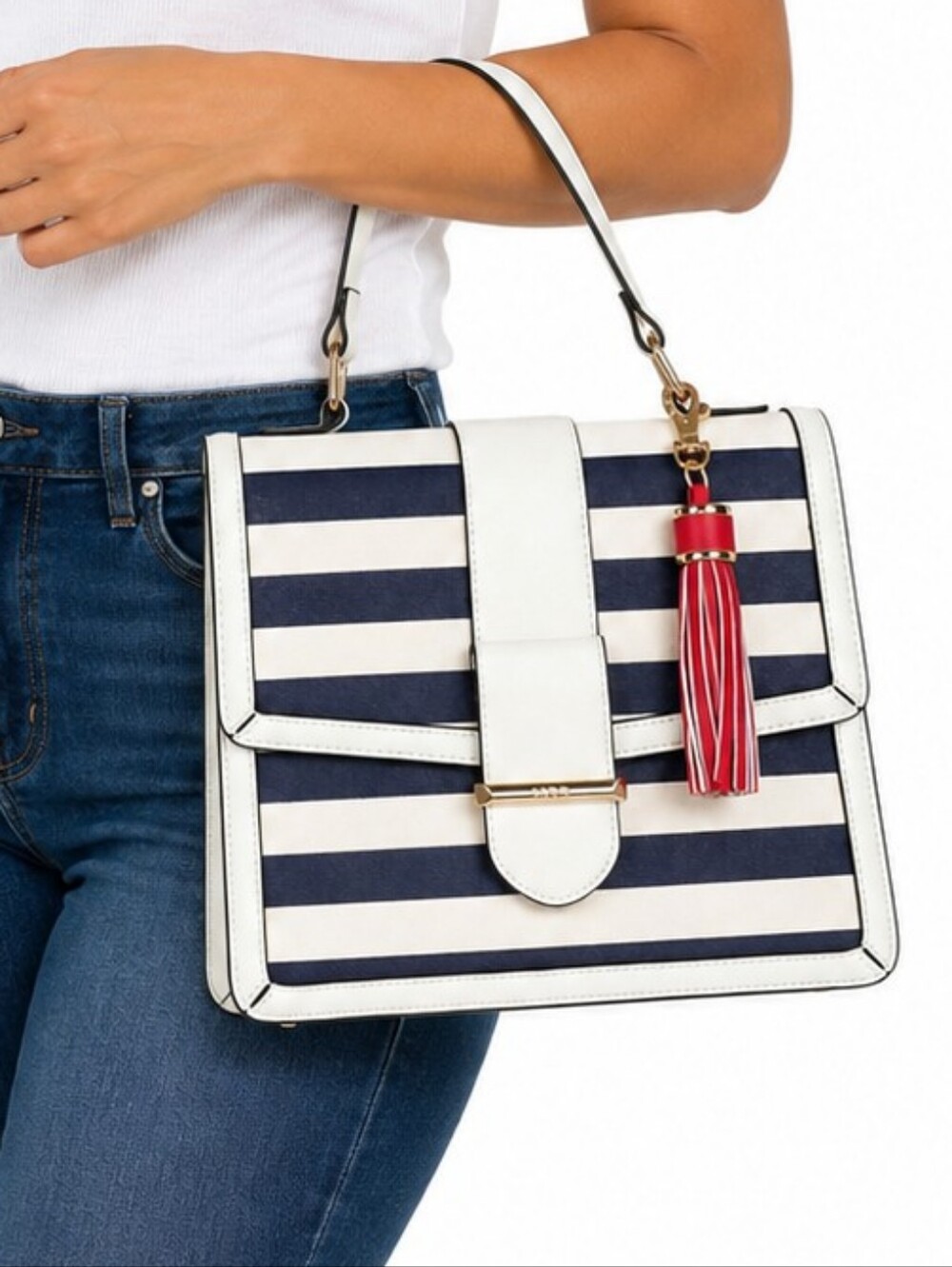 👜 ALDO Navy White Striped Satchel Top Handle Handbag Tassel NWOT Nautical